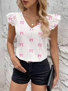 Blusa de moda con cuello en V y mangas cortas con estampado de moño para mujer - Multicolor - Ver 5