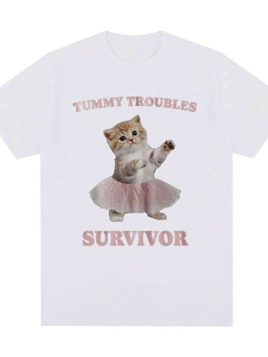 Tummy Troubles Survivor Funny Cat Meme T-Shirt Men Women Clothes Fashion Short Sleeve T-Shirts Cotton Casual Oversized T Shirts - 白色 - 查看 1