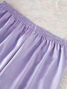 Set de 2 piezas de pijama con top de manga corta y pantalones con bordado de corazón de seda sintética - Púrpura malva - Ver 6