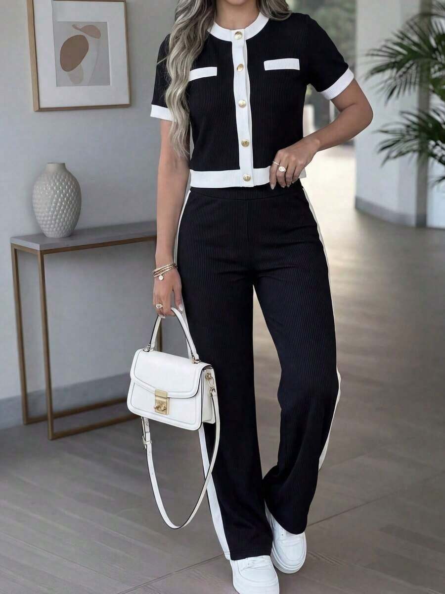 Conjunto de ropa casual para mujer, diseño de bolsillo falso con botones de color contrastante, cuello redondo, manga corta, emparejado con pantalones cómodos de cintura alta y drapeado, elegante para primavera/verano - Negro + blanco - Ver 1