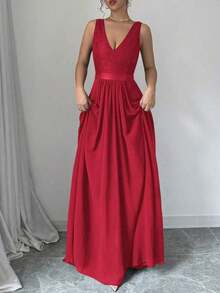 vestido maxi de mujer de color borgoña con cuello en V, sin mangas y plisado - Rojo - Ver 5
