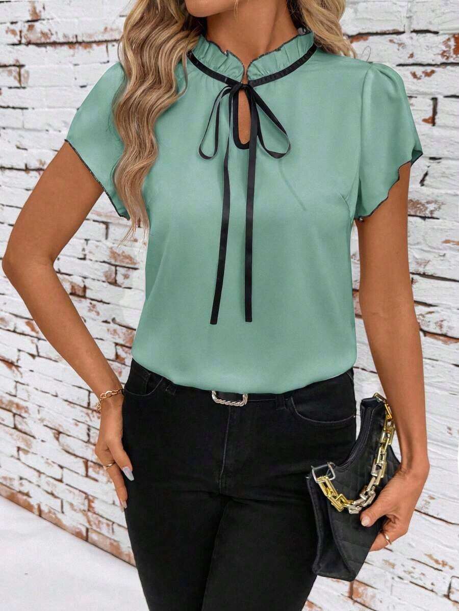 Camisa de mujer de manga corta, con lazo, volantes, a cuadros, elegante y casual para vacaciones y picnic, primavera/verano - Verde Oliva - Ver 1