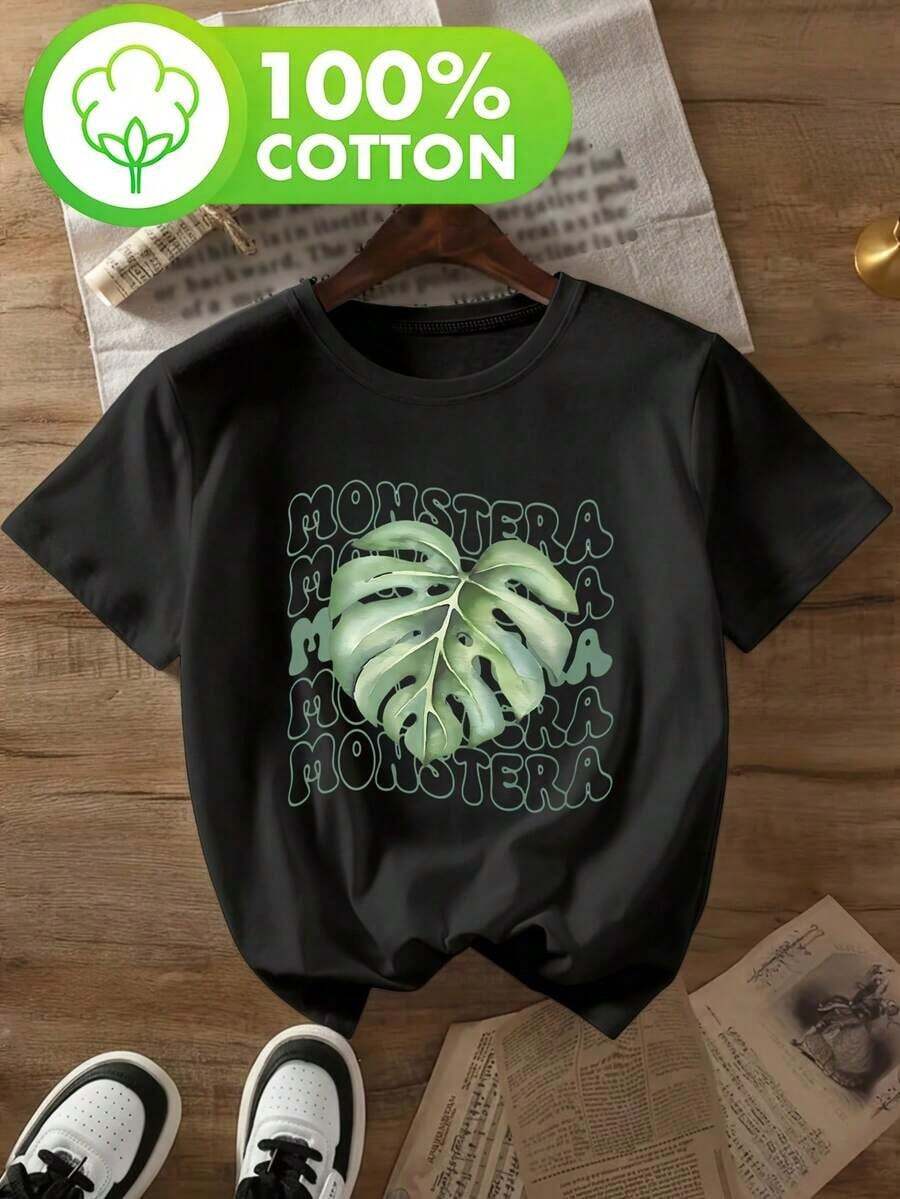 Leisure Time Women's Short Sleeve T-Shirt With Monstera Leaf Print And MONSTERA Slogan Pattern, Retro Youth Internet Celebrity Style, 100% Cotton, Crew Neck, Printed, Soft, Comfortable, Casual Style, Available In Multiple Colors For Spring, Summer And Autumn, An Excellent Gift Choice, Basic Comfortable And Versatile Style, 100% Cotton - Black - View 1