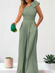Women's Elegant One-Shoulder Palazzo Jumpsuit Dress, Long Jumpsuit, Formal Outfit For Party, Wedding, Graduation - 薄荷綠 - 查看 2