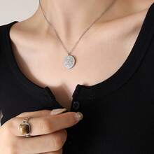 European And American Vintage Style Round Pendant Necklace With  Inlay And Embossed Zodiac Dial, Titanium Steel Plated With 18K Gold - P443 - Steel Necklace - 40+5cm - View 4