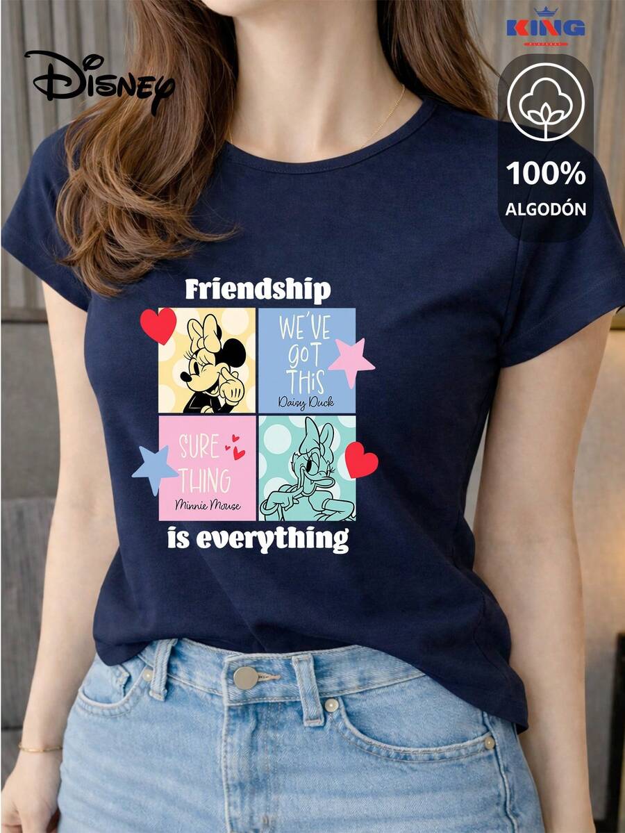 Women's T-Shirt Made Of 100% High-Quality Cotton. This T-Shirt Guarantees Exceptional Softness To The Touch, A Round Neck With A "Disney Minnie & Daisy Friendship" Print, And Short Sleeves. - 藏蓝色 - 查看 1