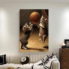 Enmarcado Póster de gatos jugando al baloncesto, lienzo deportivo divertido, arte mural vintage, decoración clásica, pintura mural artística, ideal para regalar, decoración del hogar y dormitorio, adecuado para dormitorio, sala de estar, 1 pieza , plano 2D, perfecto para la decoración de la habitación. - Enmarcado - Ver 2