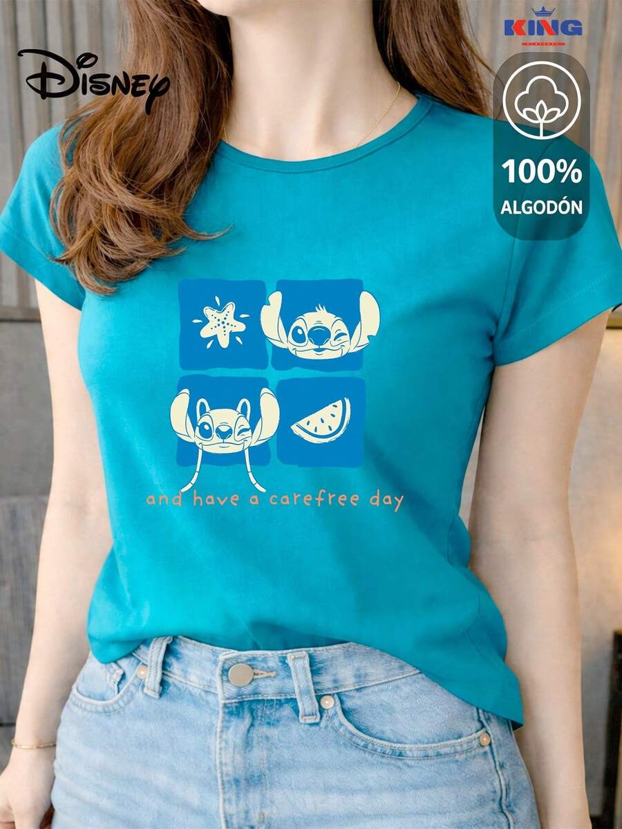 Made From 100% High-Quality Cotton, This T-Shirt Guarantees Exceptional Softness To The Touch, With A Round Neck, "Disney Stitch & Angel Carefree Day" Print, And Short Sleeves. - 綠松石 - 查看 1