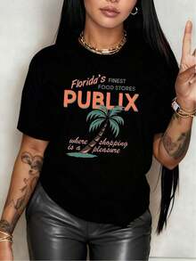 100% Cotton. Palm Tree With The Text "Florida's Finest Food Stores Publix Where Shopping Is A Pleasure". Women's 100% Cotton T-Shirt, Soft And Comfortable For Everyday Wear, Perfect For A Fresh And Fun Casual Look. Women's Simple Solid Color T-Shirt, Loose And Slim Fit Casual Short Sleeve - 黑色 - 查看 12