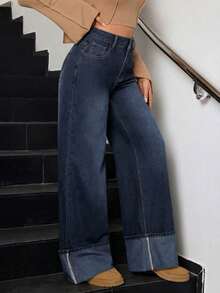 Tall Jeans de pierna ancha con diseño de dobladillo vuelto, estilo vintage lavado, casual y elegante para mujer en invierno - Azul lavado oscuro - Ver 3