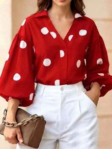 Blusa elegante para mujer - Camisa de botones con lunares verdes en la parte delantera, mangas de farol largas, cuello en V, adecuada para la oficina, ocasiones formales y uso diario casual - Blusa de mujer para todas las estaciones, primavera - Rojo - Ver 1