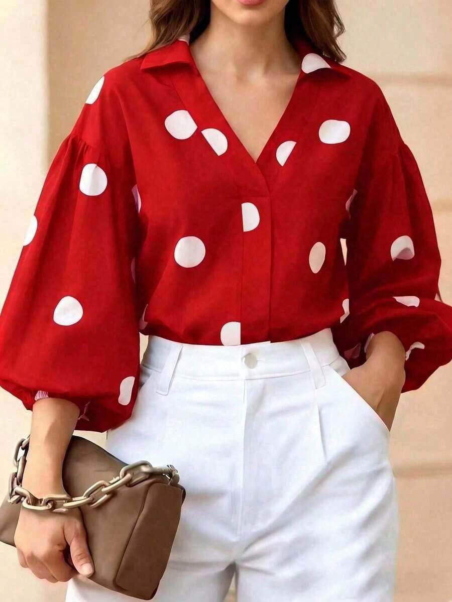 Blusa elegante para mujer - Camisa de botones con lunares verdes en la parte delantera, mangas de farol largas, cuello en V, adecuada para la oficina, ocasiones formales y uso diario casual - Blusa de mujer para todas las estaciones, primavera - Rojo - Ver 1