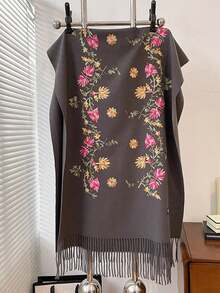 1pc Faux Cashmere Floral Embroidered Scarf, Thick Warm Bohemian Tasseled Embroidered Shawl For Women - Multicolor - View 6