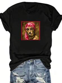 Casual T-Shirt: Urban Style Printed T-Shirt With **Hip-Hop / Rap Culture** Theme - Women's Short-Sleeved Crew Neck T-Shirt, Made Of Soft Polyester, Loose Fit, A Spring/Summer Fashion Essential. 100% Cotton, Durable. - 黑色 - 查看 1