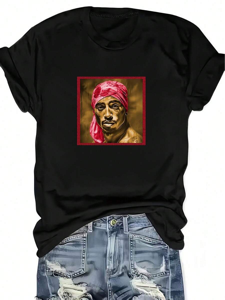 Casual T-Shirt: Urban Style Printed T-Shirt With **Hip-Hop / Rap Culture** Theme - Women's Short-Sleeved Crew Neck T-Shirt, Made Of Soft Polyester, Loose Fit, A Spring/Summer Fashion Essential. 100% Cotton, Durable. - 黑色 - 查看 1