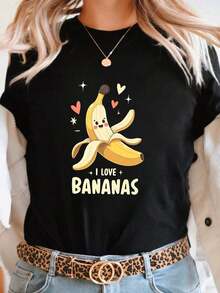 Under The Radar Women's Fun And Vibrant Banana Print T-Shirt, Green With "I LOVE BANANAS" Slogan, Short Sleeve, Youthful Style, Loose And Casual, Versatile For Vacation And Everyday Wear. Unisex Cotton Loose-Fitting Short-Sleeved Crew Neck T-Shirt With An Urban Vintage Style - 黑色 - 查看 7