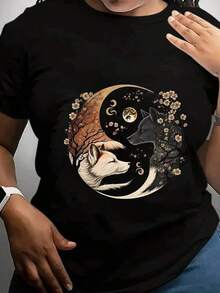 100% Algodón Premium 180g .¡Oferta Especial!Playera.Camiseta moderna diseño lobo ying yang estampado artístico estilo casual unisex negro variaciones de tallas camiseta para adultos moda  en ropa cómoda buscada Camiseta Streetwear Unisex Ideal para Conciertos y Regalo - Negro - Ver 6