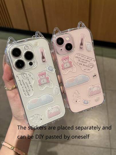 Funda de teléfono de alta moda con diseño creativo para hombres y mujeres, compatible con iPhone 13/14/15/16 Pro Max, con pegatinas de oso de dibujos animados transparentes DIY y orejas de gato de cobertura total, adecuado para iPhone 17 Pro Max, 16 Pro Max, 15 Pro Max, 14 Pro Max