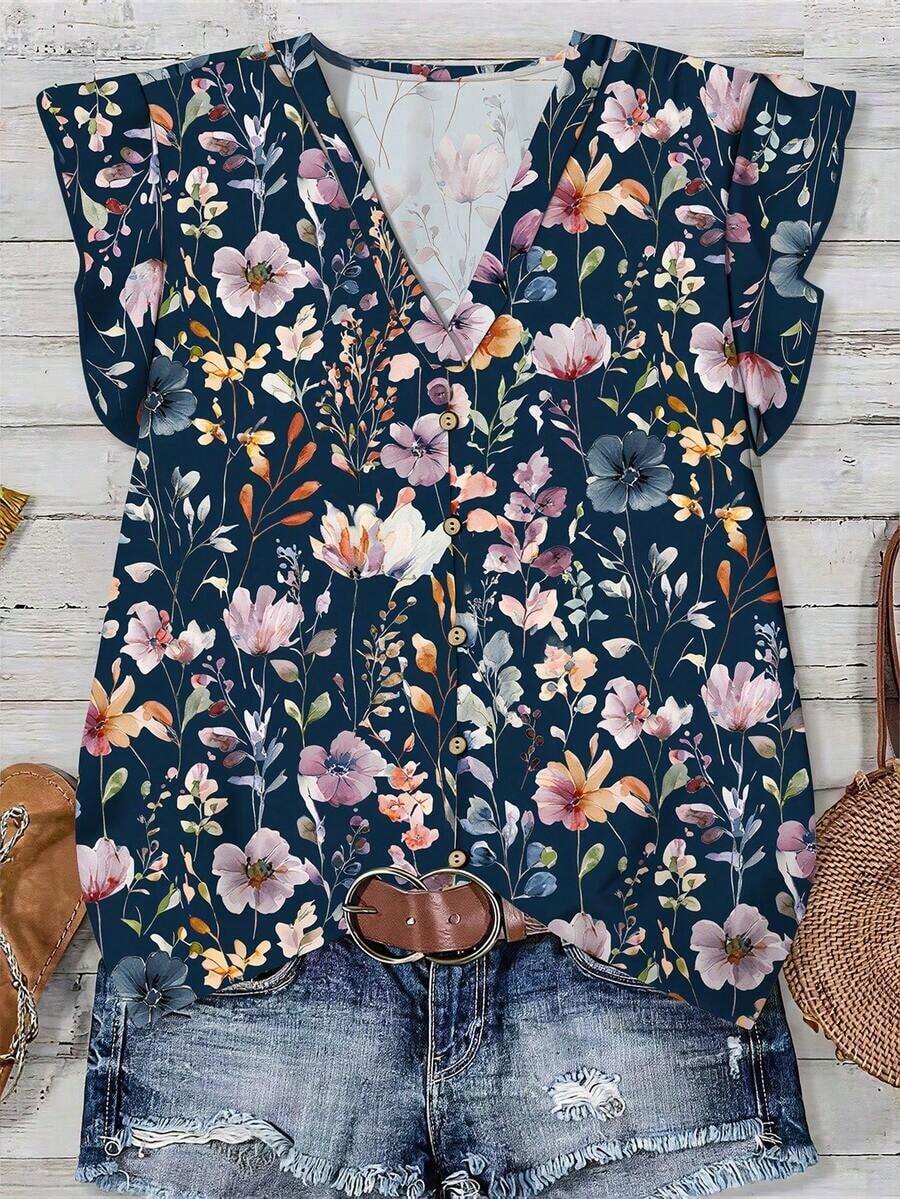 Camisa Casual Floral en Acuarela para Mujer de , Estilo Minimalista Adecuado para el Verano, Ideal para Salir, Blusas Elegantes para Mujer - Multicolor 11 - Ver 1