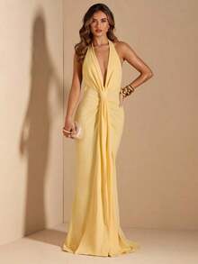 Vestido maxi elegante con cuello en V profundo, fluido, con lazo en la espalda y drapeado, color amarillo, para primavera/verano - Amarillo - Ver 8