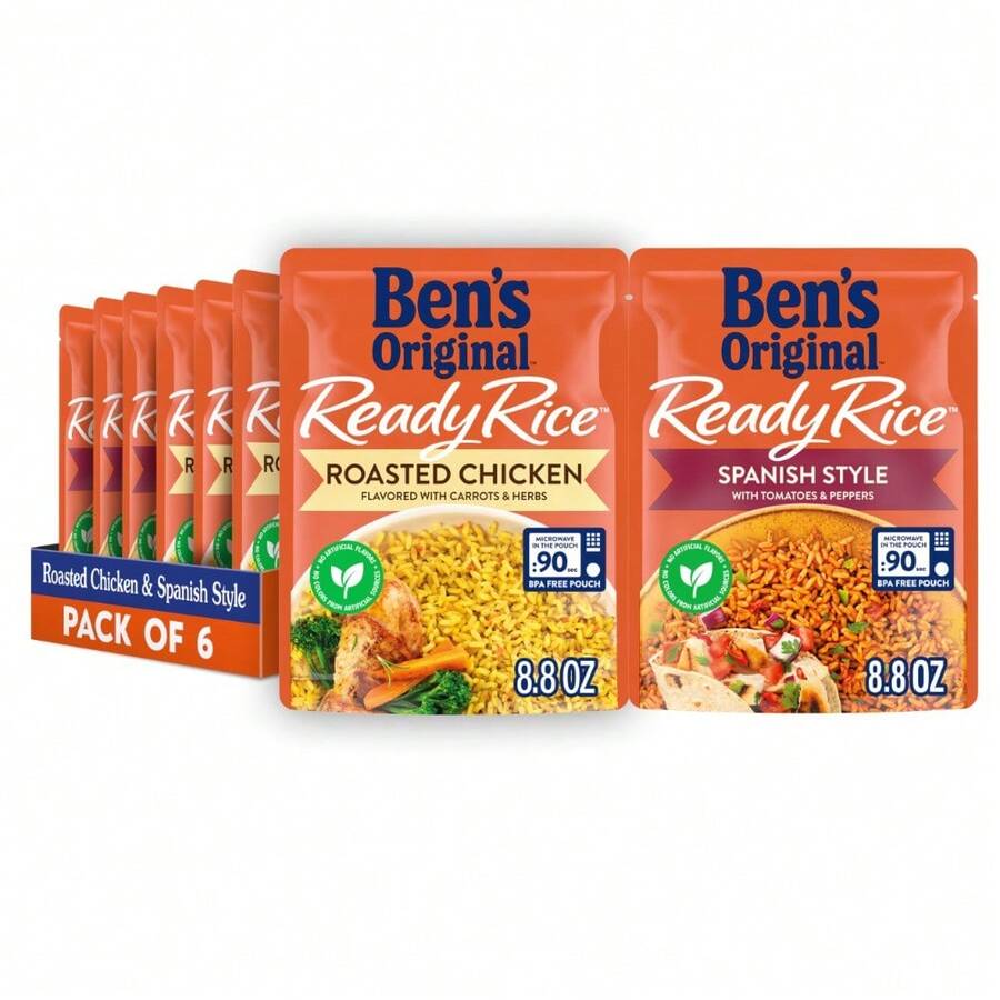 BEN'S ORIGINAL Ready Rice Jasmine Rice, Easy Dinner Side, 8.5 OZ Pouch (Pack Of 6) - Variety - Roasted Chicken and Spanish - View 1