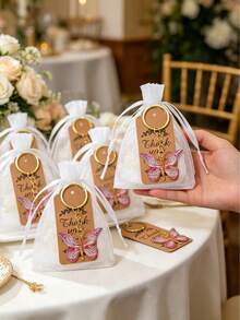 15/3pcs Purple Butterfly Keychain Set, Includes Butterfly Shaped Keychains, Thank You Cards, White Bags, Wedding Party Decor, Bridesmaid Gifts, Bridal Shower Favors, Wedding Souvenirs, Suitable For Wedding Guest Gifts Or Favors, Perfect For Gifting - Multicolor - View 4