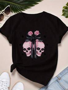 Women's Short Sleeve T-Shirt With Round Neck And Print Pink Skulls With Flowers And Ribbon S-3XL Fashionable, Comfortable And Breathable, Machine Washable - 黑色 - 查看 1