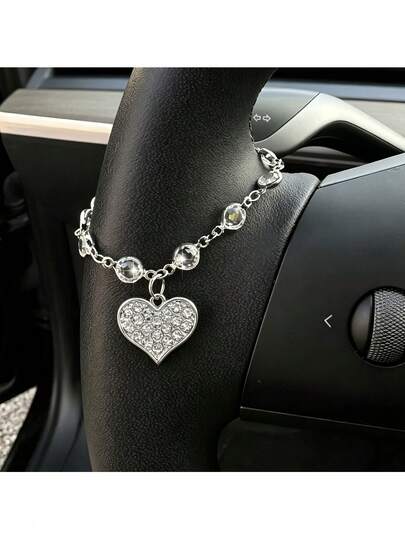 1pc Sparkling Crystal Heart & Steering Wheel Car Pendant Decoration, Fashionable Elegant Gift For Family, Friends, Party Favors, Valentine's Day