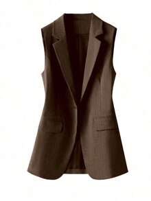 Chaleco blazer regular de mujer con parches a rayas y un solo botón, unicolor con bolsillo y botón, para uso en oficina en primavera - Café integral - Ver 3
