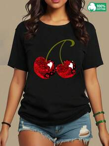 Camiseta Deportiva de Manga Corta,% Algodón, Rojo y Verde con Estampado de Cerezas.para Deportes y Vida Diaria.Unisex, Transpirable y Absorbente de Sudor. - Negro - Ver 1