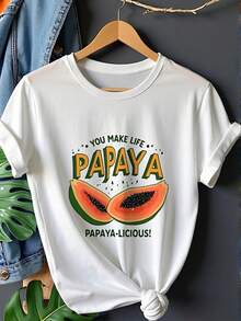 Soft T-Shirt Wo S - Tropical Papaya And Mangosteen Print T-Shirt | Breathable Summer Top For Everyday Wear - Loose Fit Crew Neck T-Shirt - Machine Washable White Blouse - Perfect Gift For Papaya Lovers - Comfortable Papaya Clothing - 白色 - 查看 8