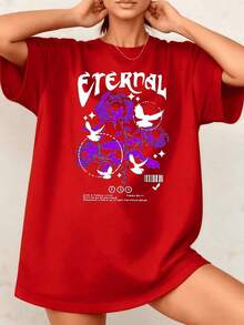 Women's T-Shirt With Timeless Floral Print, Roses And Birds, 100% Cotton, Round Neck, Casual Loose Fit, 1 Piece. Excellent Gifts For Friends And Family, Urban Wear. - 紅色 - 查看 1