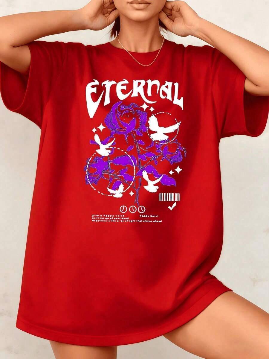 Women's T-Shirt With Timeless Floral Print, Roses And Birds, 100% Cotton, Round Neck, Casual Loose Fit, 1 Piece. Excellent Gifts For Friends And Family, Urban Wear. - 紅色 - 查看 1