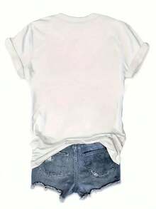 Women's Plus Size Casual T-Shirt With Floral And Letter Print - Round Neck Short Sleeve Casual T-Shirt, Comfortable For All Seasons, Washable, 100% Cotton, Durable - 白色 - 查看 3