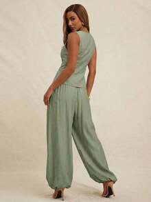Conjunto de mujer (Parte superior y pantalón) Parte superior tipo chaleco con cuello en pico y abotonado, pantalón ajustado de tiro alto con pliegues, apto para oficina, negocios, casual, brunch, iglesia, otoño e invierno, adecuado para atuendos de oficina - Beis - Ver 9