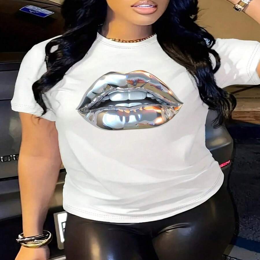 Women's Sexy Cotton Round Neck Short Sleeve T Shirt with Metallic Lips Print - Blanco - Ver 1