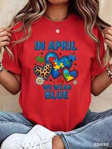 Women's Clothing, Women's Sets 2026. In April We Wore Blue Autism Awareness T-Shirts With Diamond Hearts And Leopard Print Design For Autism Awareness Month, In Support And Promotion Of Autism. Women's Pure Cotton Short-Sleeved T-Shirts, Women's Shirts - 紅色 - 查看 4