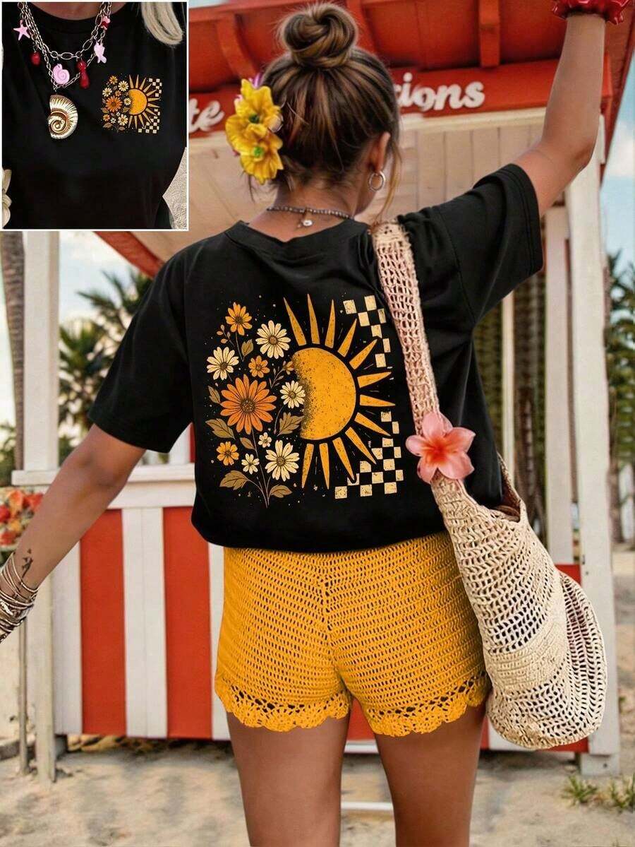 Women's Plus Size Short Sleeve T-Shirt With Round Neck, Loose Fit, Casual - 黑色 - 查看 1