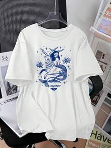 Nueva Camiseta de Moda para Mujer con Cuello Redondo, Diseño Artístico del Zodíaco Capricornio, Colección Zodíaco, Camiseta con Monograma Estampado, Manga Corta, Cuello Redondo, Estilo Casual para Verano y Primavera, Diseño Versátil Listo para el Verano para Mujer. - Blanco - Ver 7