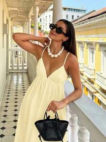 Women's Striped Dress With Thin Straps And Open Back - Yellow - View 2