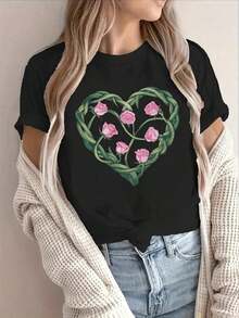 Short-Sleeved T-Shirt With A Heart Floral Print, Breathable, 100% Cotton, Loose Fit, Fashionable Basic, Women's Cotton T-Shirts, Premium Women's - 黑色 - 查看 5