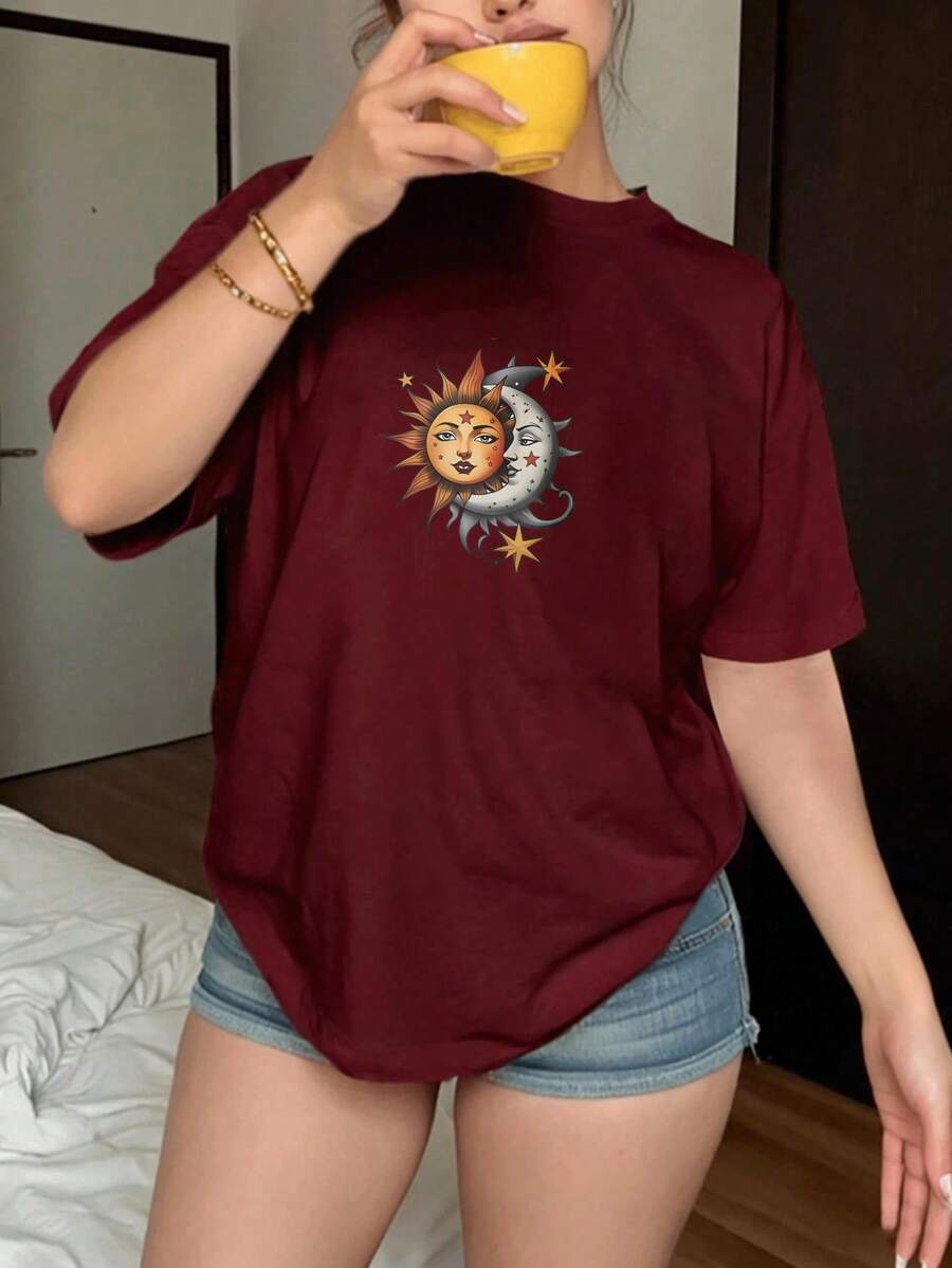 Camiseta Casual de Verano para Mujer 2026 con Estampado de Sol, Luna y Estrellas - Rojo - Ver 1