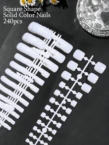 240片白色極簡方形短款假指甲套組，女款DIY辦公日常佩戴用 - 白色 - 查看 2