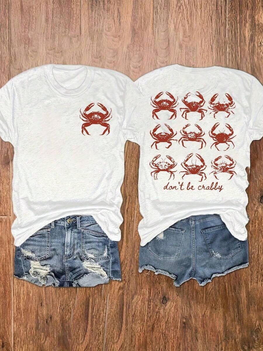 Women's "Don't Be Crabby" Short-Sleeved Crew Neck T-Shirt, Featuring A "I Might Be Laid Back But I Can Lean Forward" Print Design. Comfortable And Breathable, Stylish And Elegant, Machine Washable, Suitable For Everyday Casual Wear. - 白色 - 查看 1