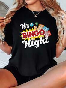 Camiseta de Mujer Casual con Cuello Redondo, Opciones en Blanco y Negro, Estampado Gráfico de Bingo Night, Camisetas Divertidas para Fiesta, Tops de Verano, Camisetas Gráficas, Conjuntos de Verano para Mujer, Camisetas Cortas para Mujer, Tops Vintage de Algodón, Ropa Linda para Mujer, Playera Holgada para Mujer - Negro - Ver 1