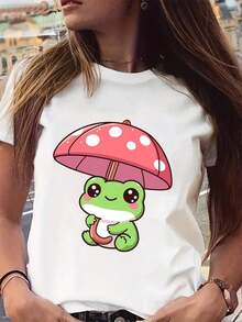Women'S Cute Frog & Mushroom Print T-Shirt - Soft Stretch Round Neck Casual Tee, All-Season Comfortable Sports Tee For Casual Attire, Parties, And Costume Events, Frog Tshirt Casual Blouses For Lady - 白色 - 查看 2