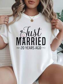 Camiseta de Mujer con Estampado 'Recién Casados 20 Años', Opciones en Blanco y Negro, Camiseta Gráfica para Celebración de Aniversario, Camisetas de Verano, Conjuntos de Verano, Camisetas Gráficas para Mujer, Tops Cortos para Mujer, Camisetas Vintage de Algodón, Ropa Linda para Mujer, Playera Holgada para Mujer - Blanco - Ver 7