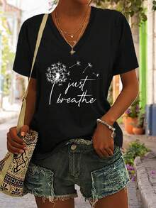 Camiseta Deportiva Casual para Mujer de Cuello en V Negra con Diseño de Diente de León Respira - Camiseta Elástica, Lavable aáquina, Ajuste Cómodo y Perfecta para Todas las Estaciones, para un Estilo Relajado y Consciente. - Negro - Ver 1