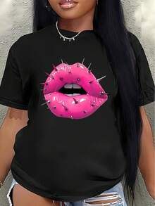 Short-Sleeved Polyester T-Shirt With A Pink Lip And Spike Print, Lightweight And Durable, Suitable For Casual Wear In Restaurants Or Lounges. Everyday Wear Showcases A Modern And Eye-Catching Style. Women's Casual Blouse - 黑色 - 查看 7