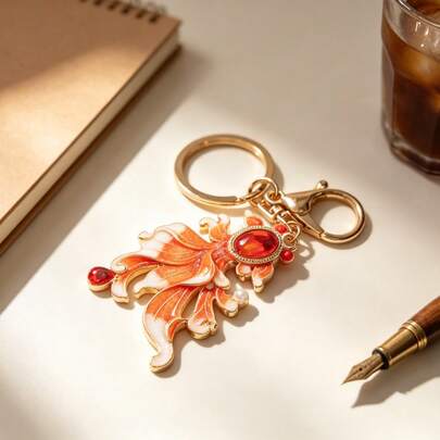 Vibrant Red Koi Fish Keychain, Gold-Tone With Enamel & Gem Accents, Ornate Fish Bag Charm, Ideal For Handbag Decor & Good Luck Gift